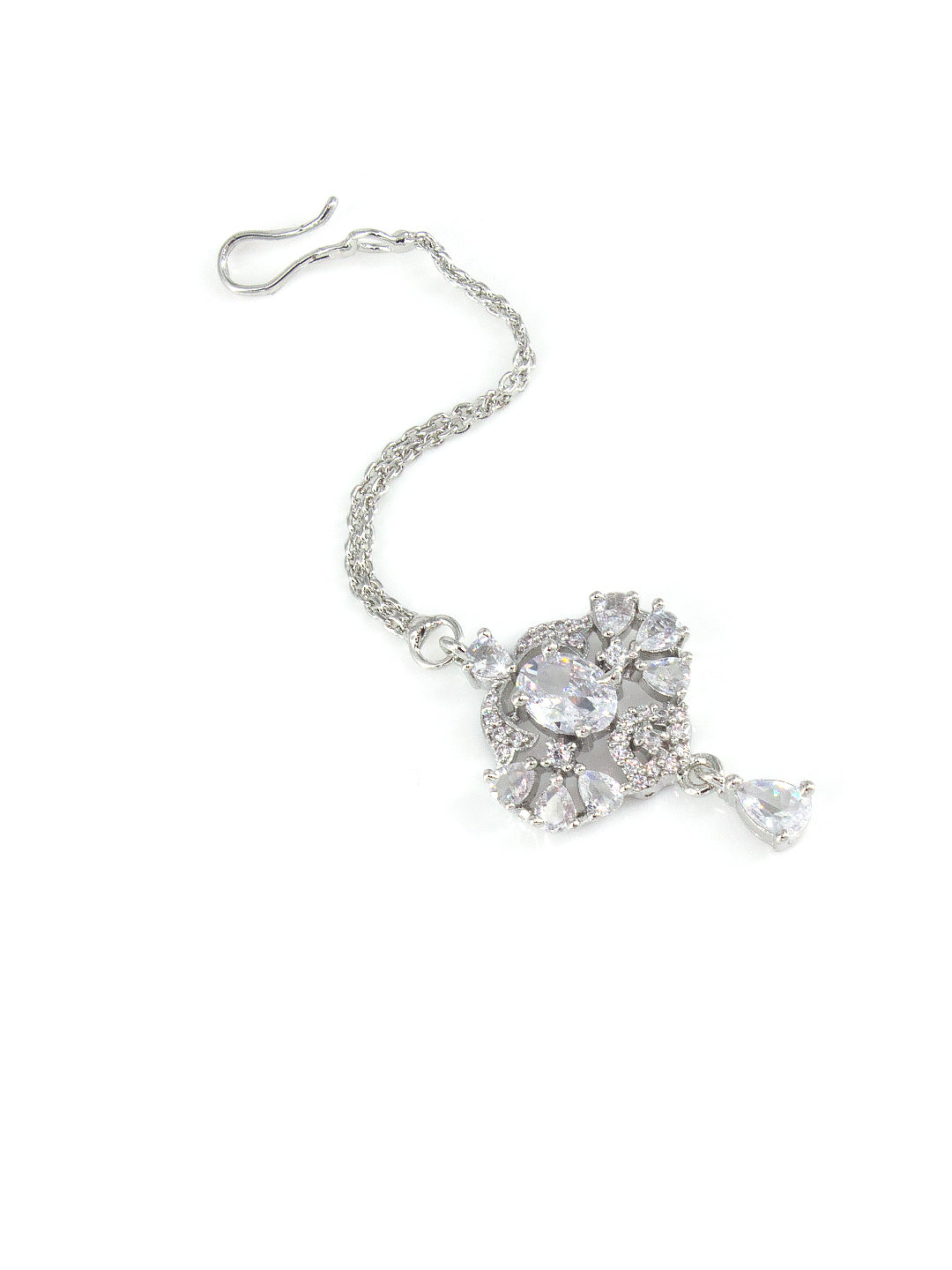 Silver Plated AD Studded Floral Drop Maang Tikka
