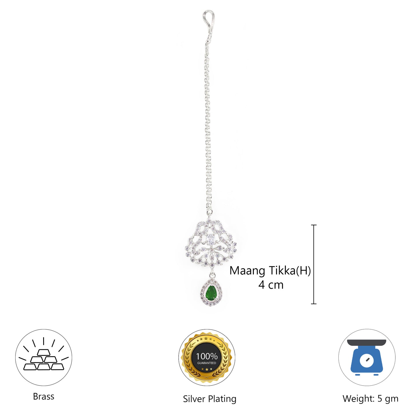 Silver Plated Green AD Maang Tikka for Women