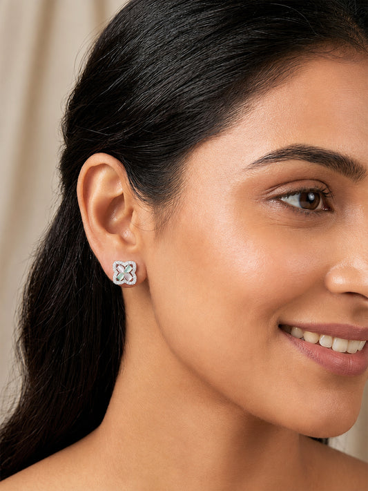 Rhodium Plated Green & Pink AD Stud Earrings for Women