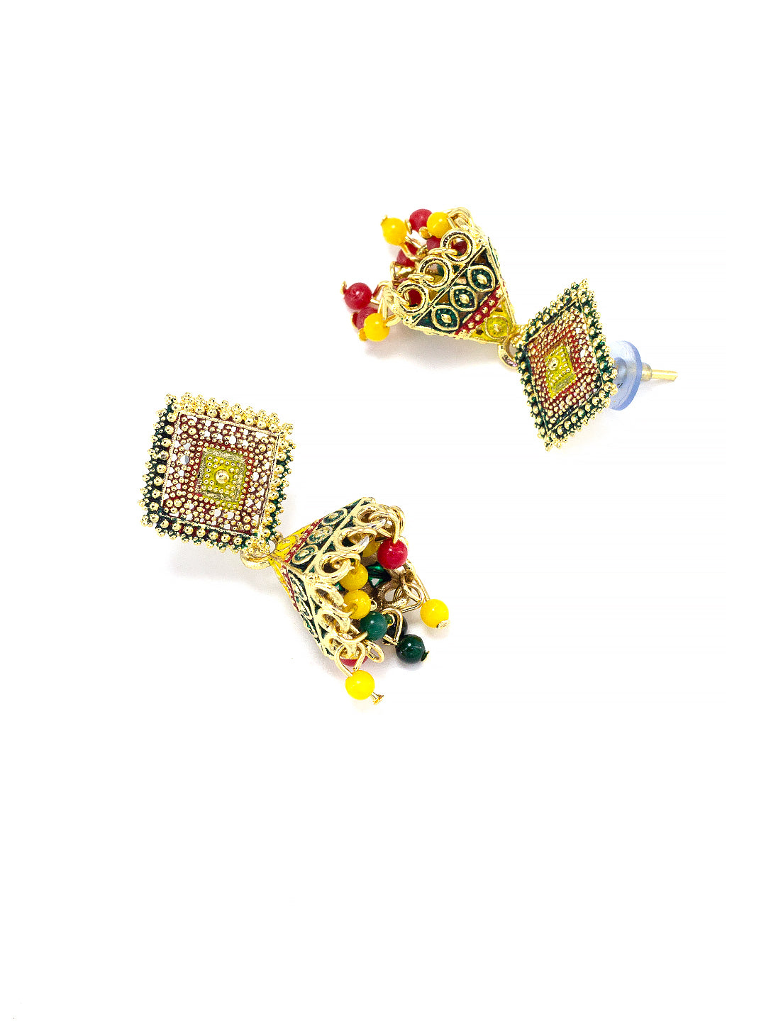 Gold Plated Square Multi Color Artificial Beaded Jhumki Earrings
