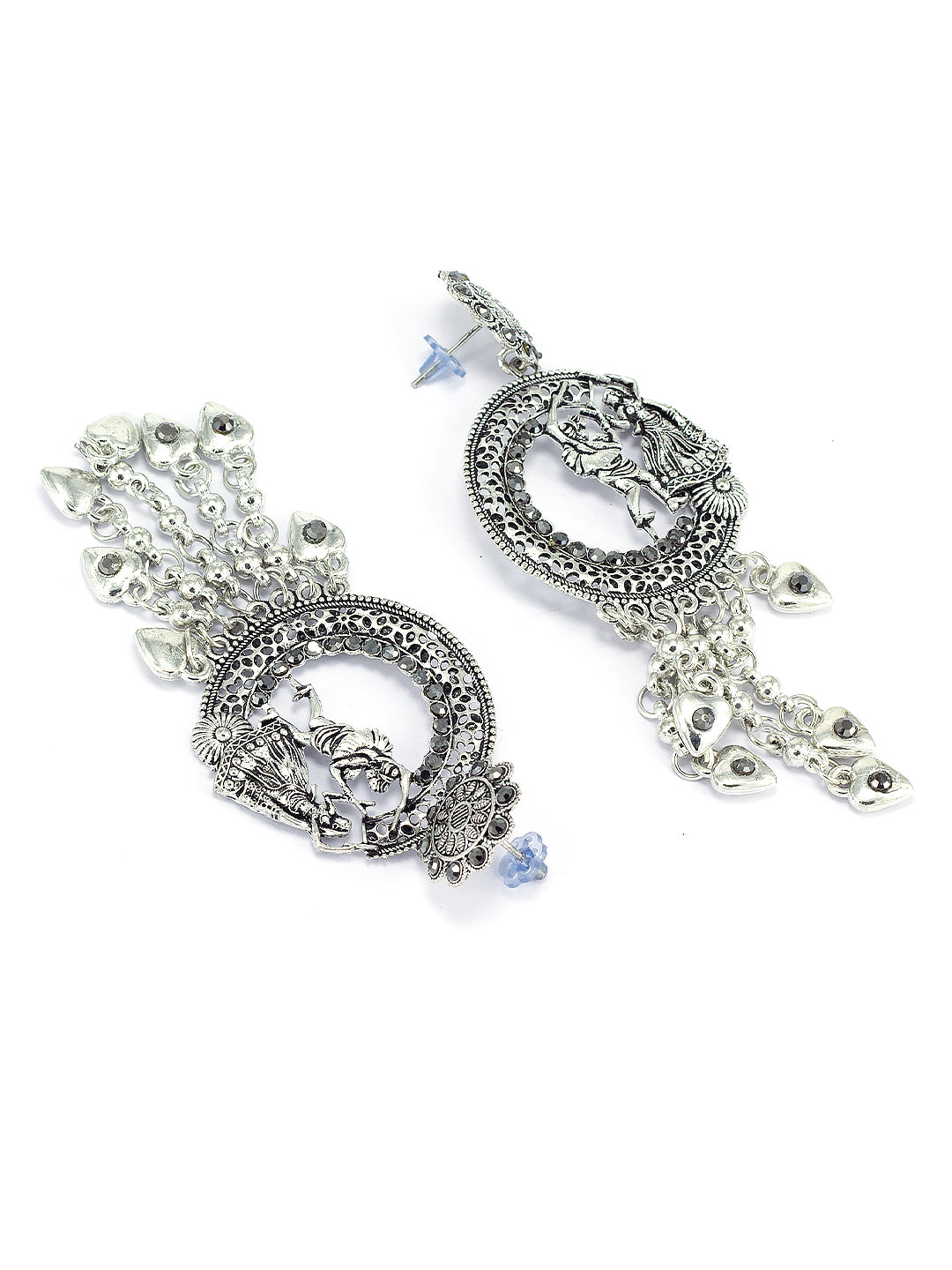 Pack Of 3 Silver-Oxidised Contemporary Artificial Stones Studded Jhumkas