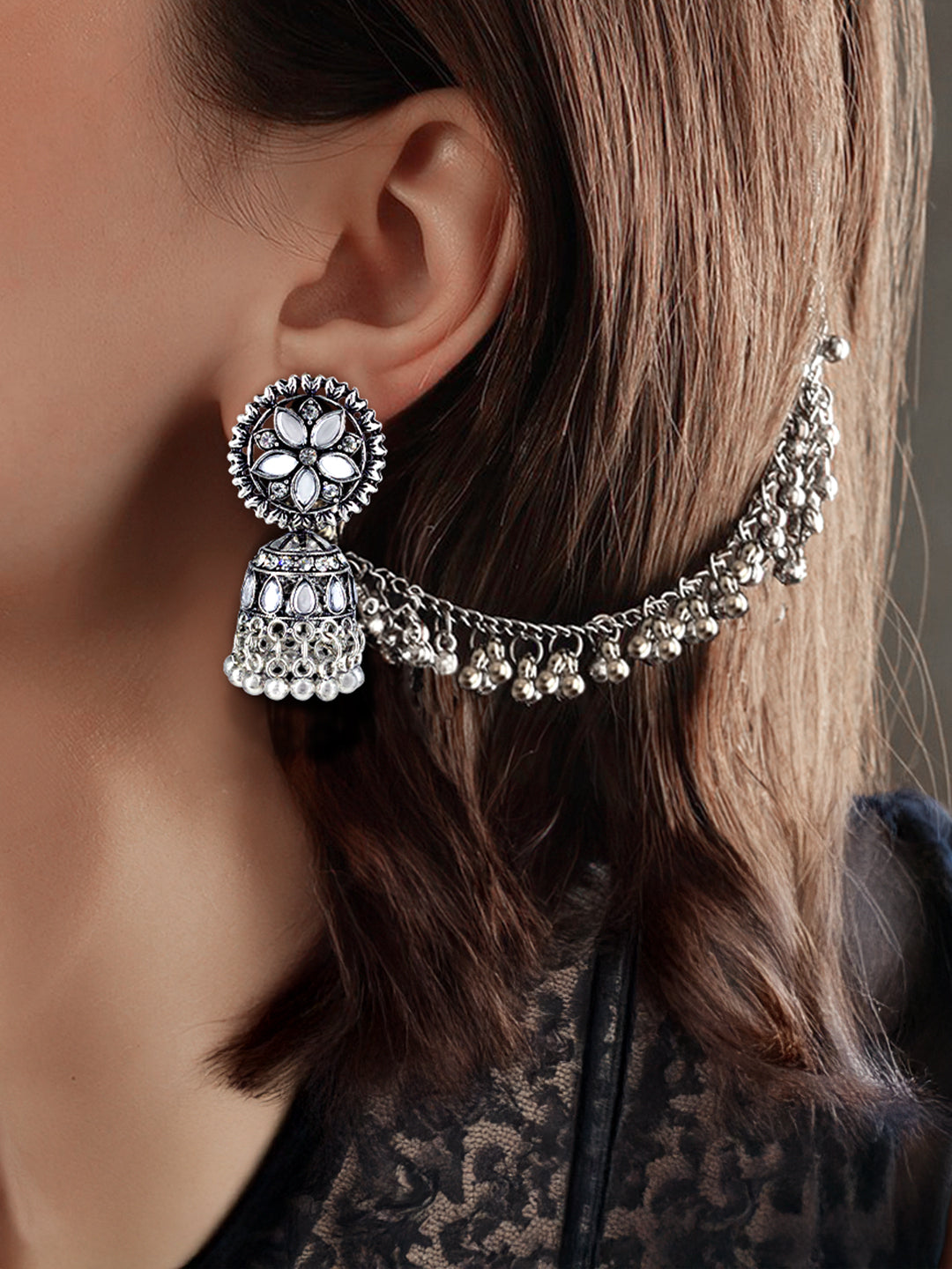 Silver-Oxidised Floral Mirror-Studded Jhumka Earrings With Hair Chain