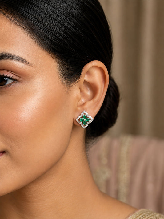 Rhodium Plated Green AD Stud Earrings for Women