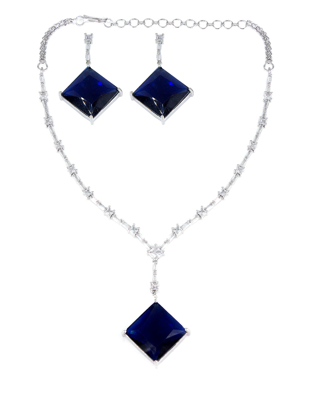 American Diamond Studded Royal Blue Square Drop Design Jewellery Set For Women And Girls