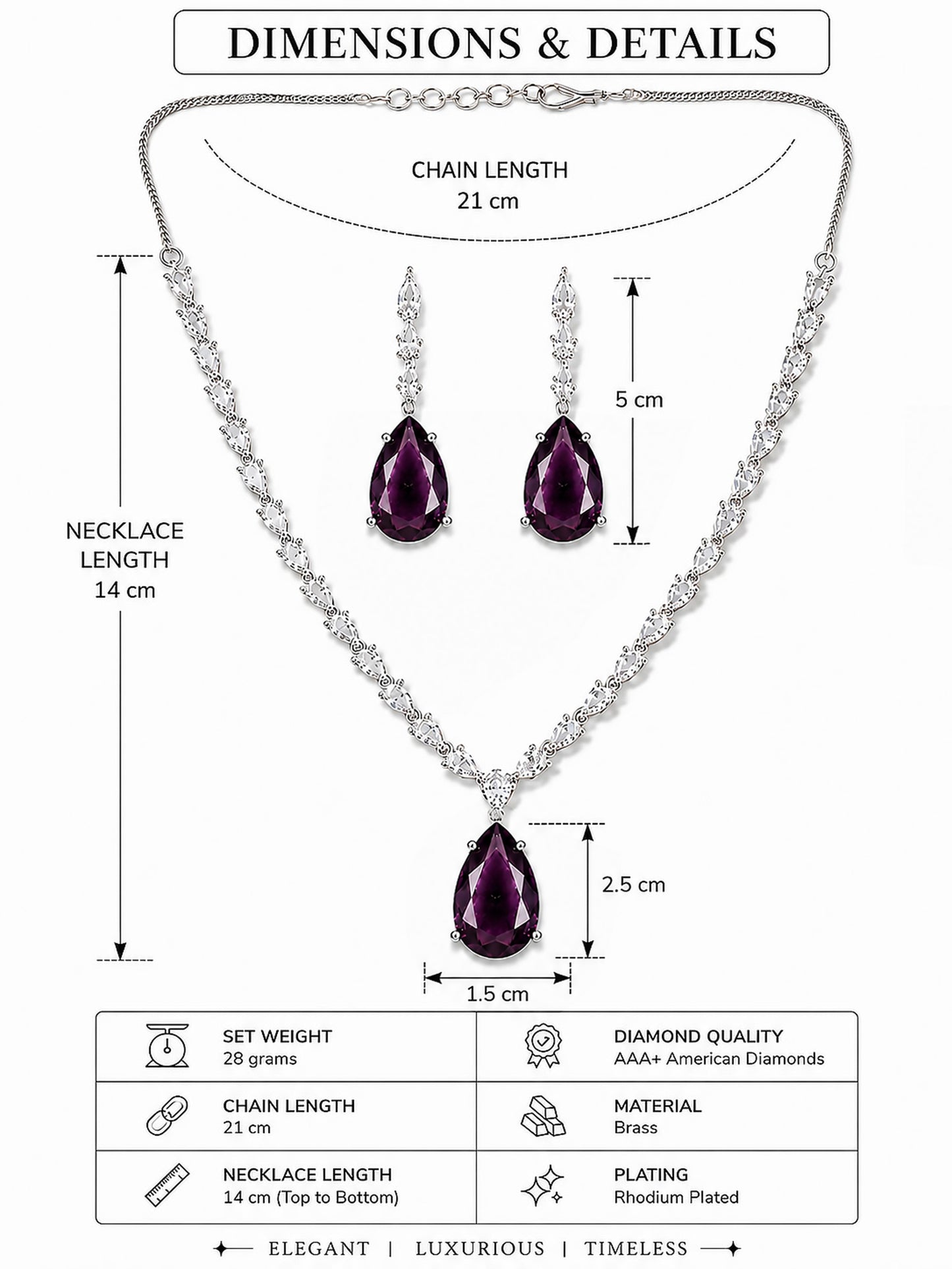 Silver Plated Purple Teardrop AD Jewellery Set for Women
