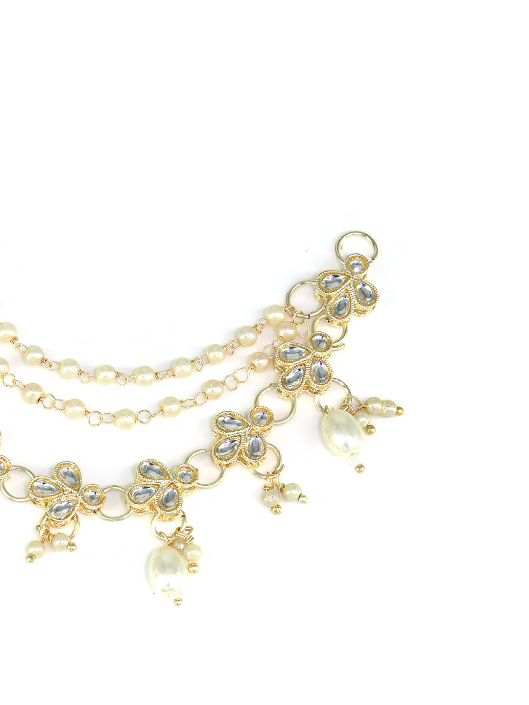 Gold-plated 3-Layered Floral Kundan-Studded & Faux-Pearl Drop Ear Chain