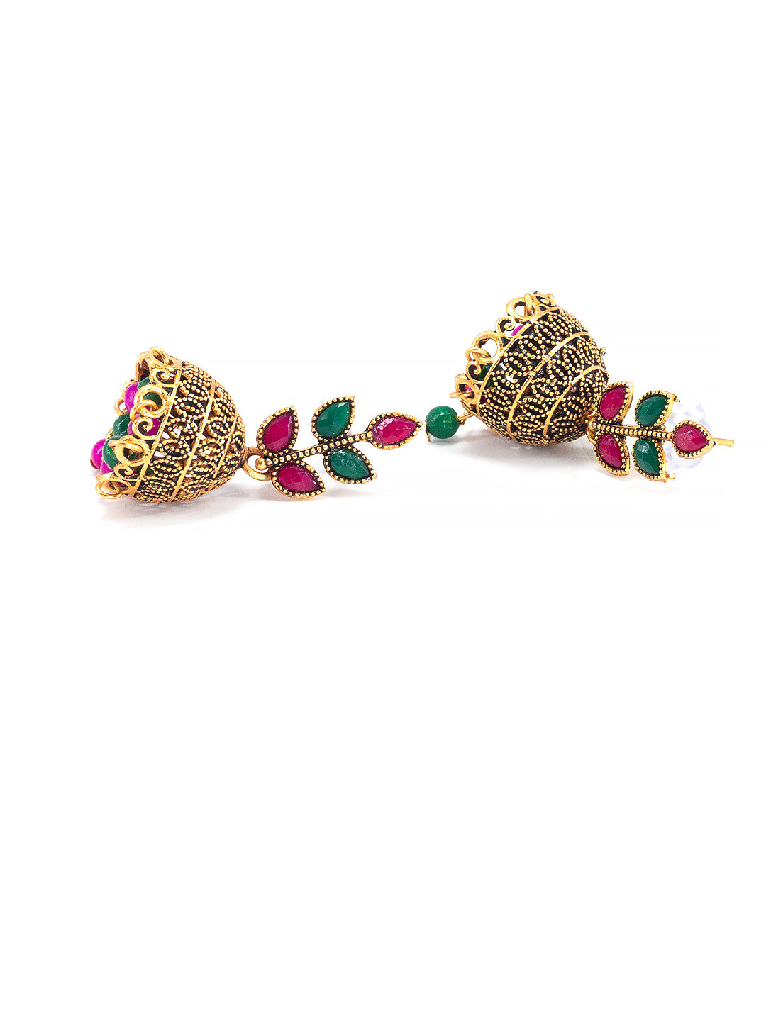 Antique Gold-Plated Leaf Artificial Stone & Beaded Jhumki Earrings