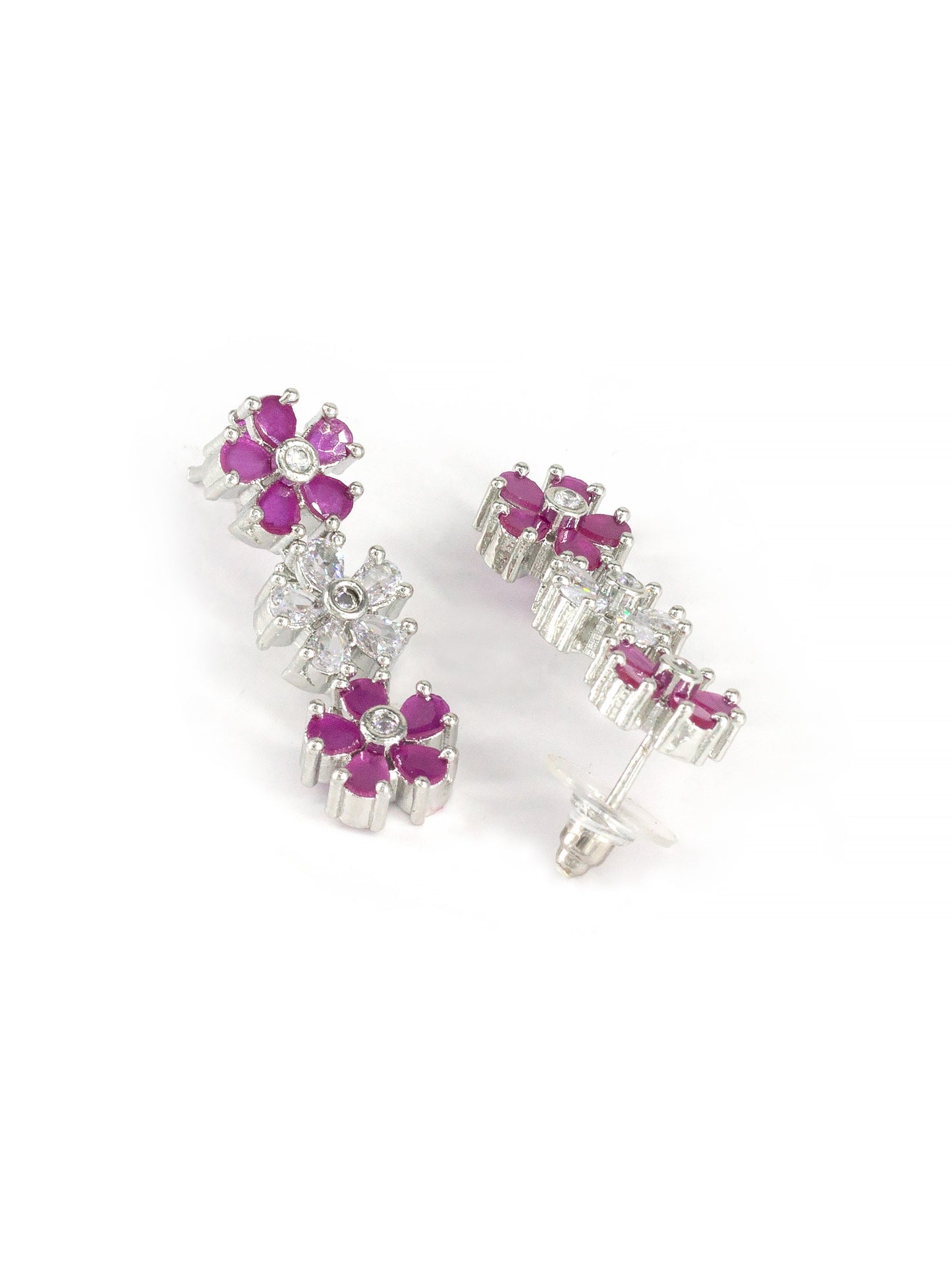 Rhodium Plated Ruby American Diamond Studded Floral Jewellery Set