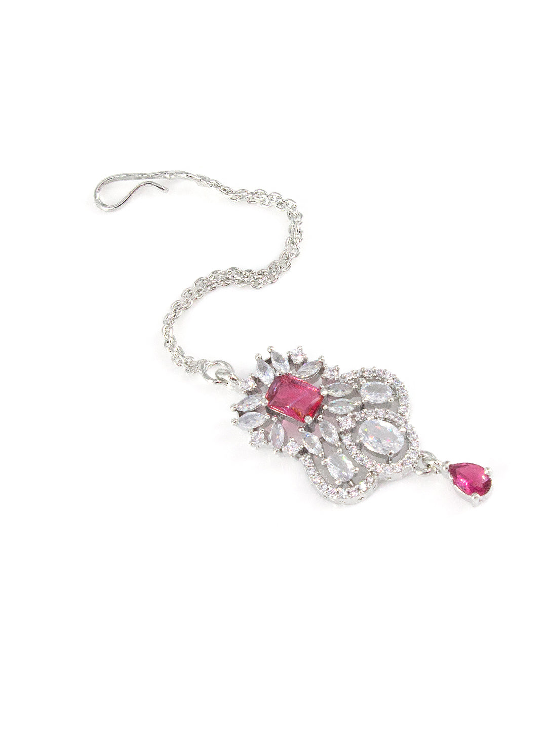 Silver Plated Red AD Studded Floral Drop Maang Tikka