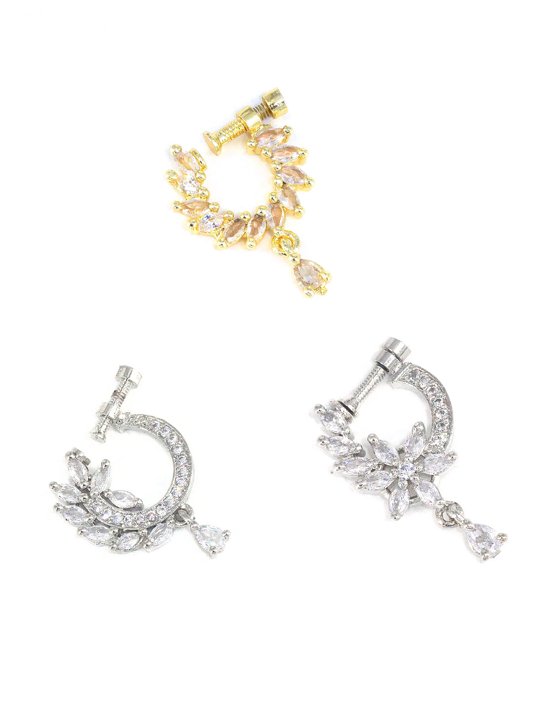 Set of Three Rhodium & Gold Plated American Diamond Non Piercing Nosepin