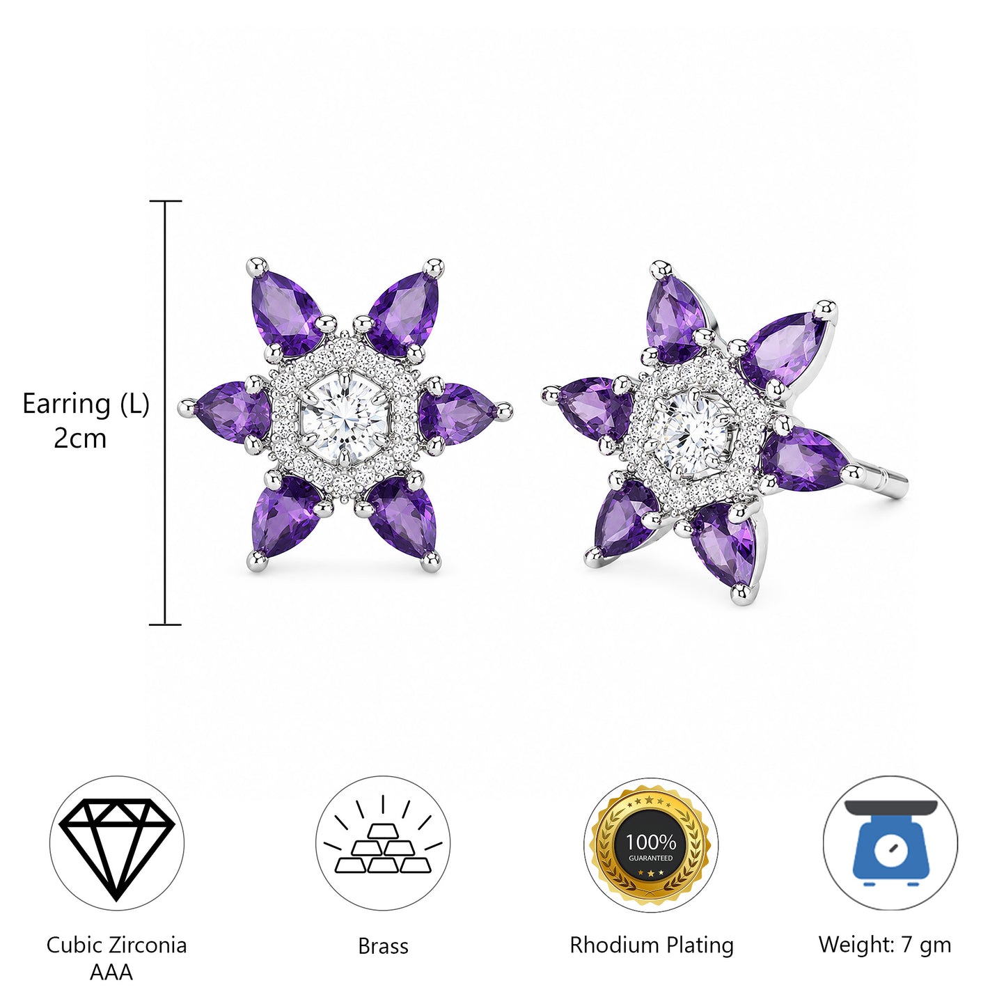 Silver Plated Purple AD Floral Stud Earrings for Women