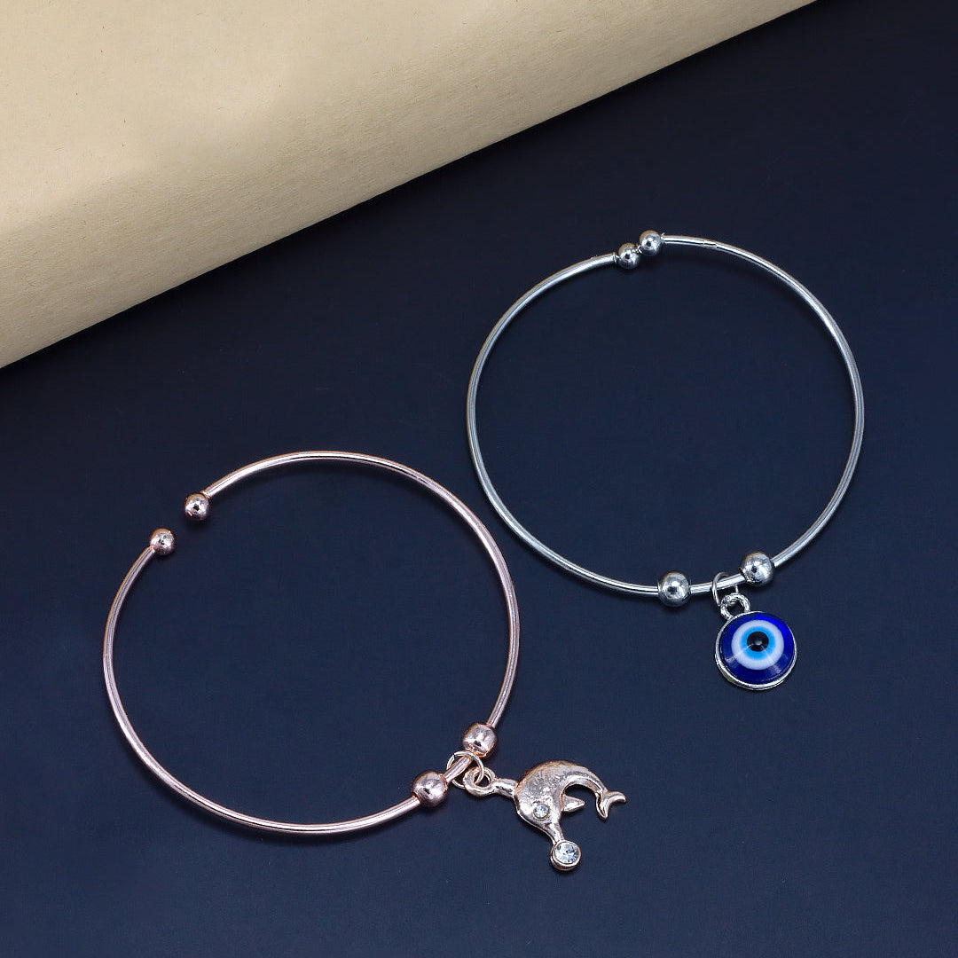 Pack of 2 Silver & Rose Gold Plated Dolphin & Evil Eye Bracelets