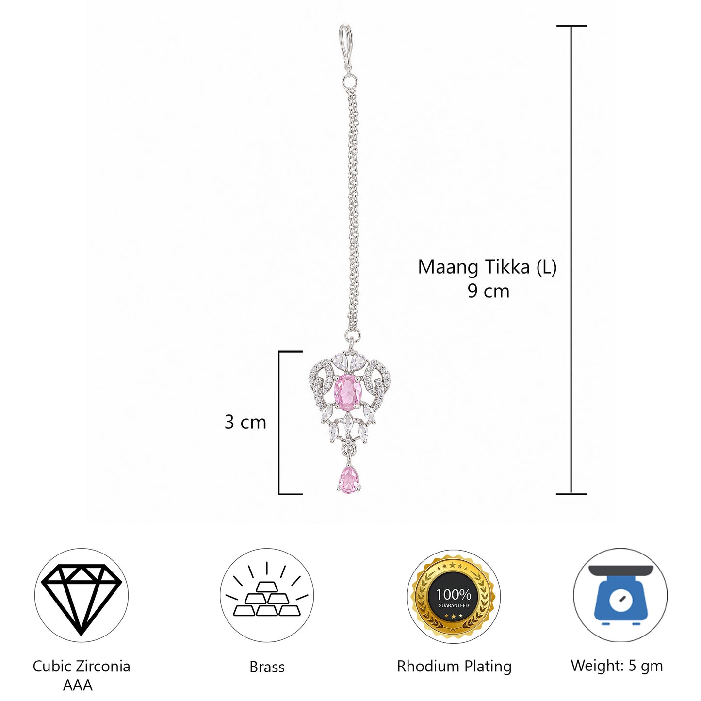 Silver Plated Pink AD Maang Tikka for Women