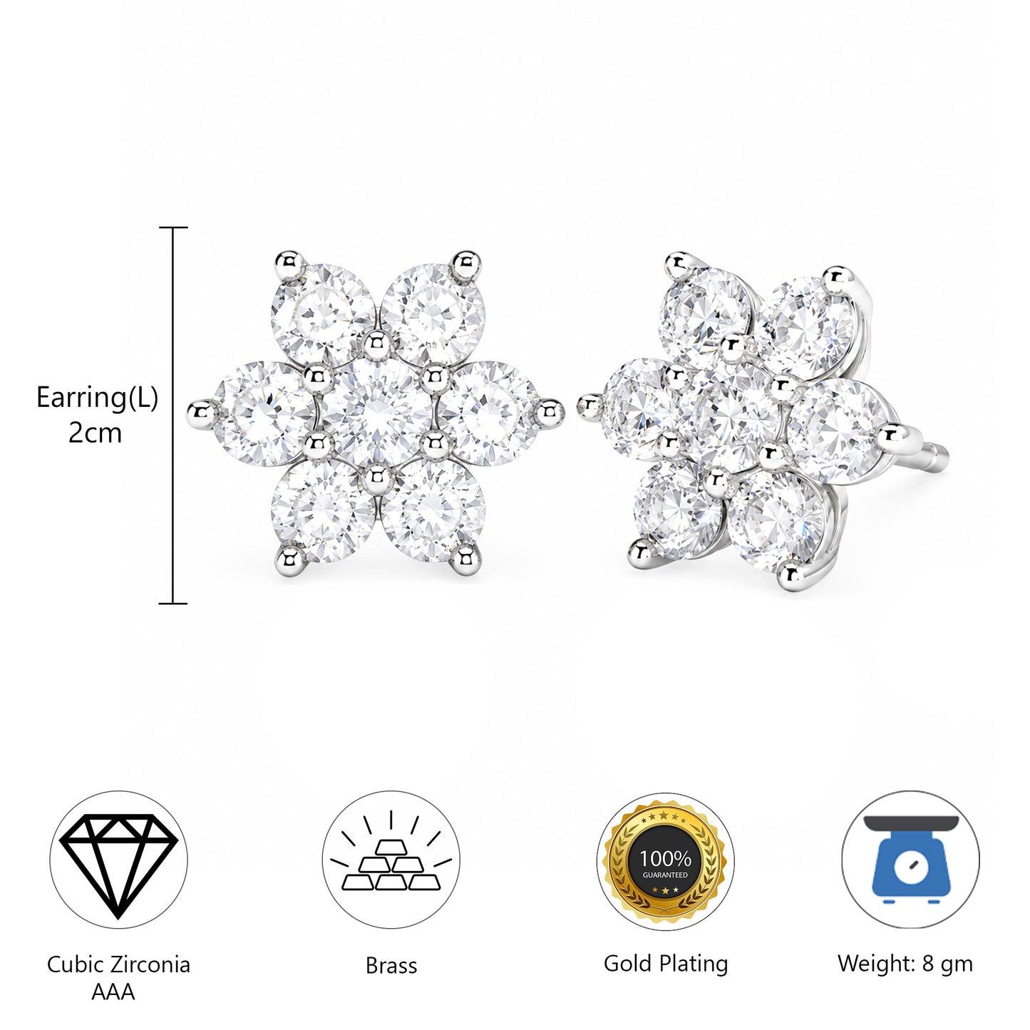 Rhodium Plated AD Studs Earrings for Women