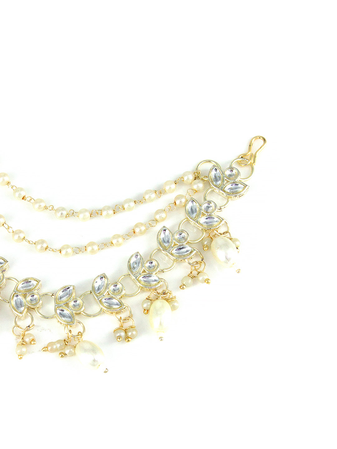 Gold-plated 3-Layered Leaf-Shaped Kundan-Studded & Faux-Pearl Drop Ear Chain