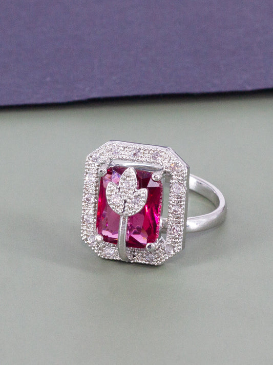 Rhodium Plated Red AD Leaf Adjustable Ring for Women