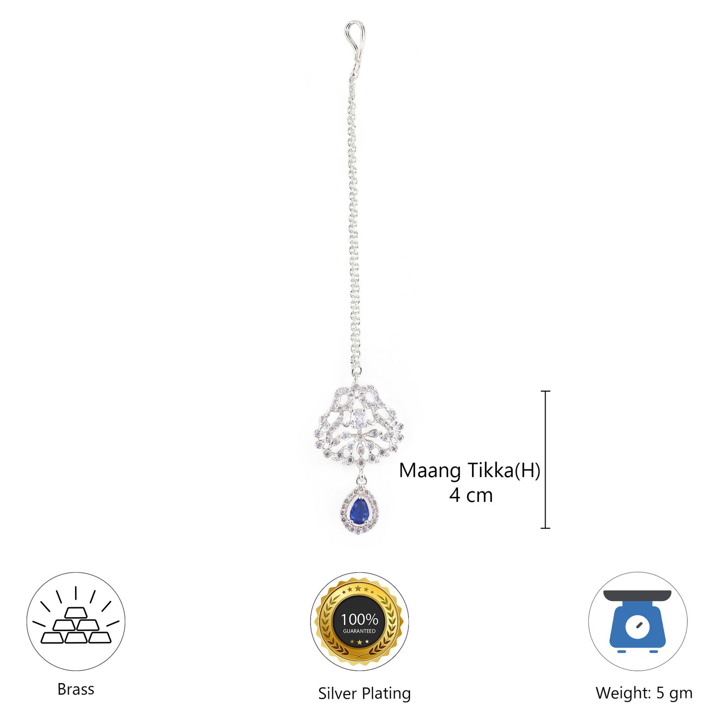 Rhodium Plated Blue AD Maang Tikka for Women