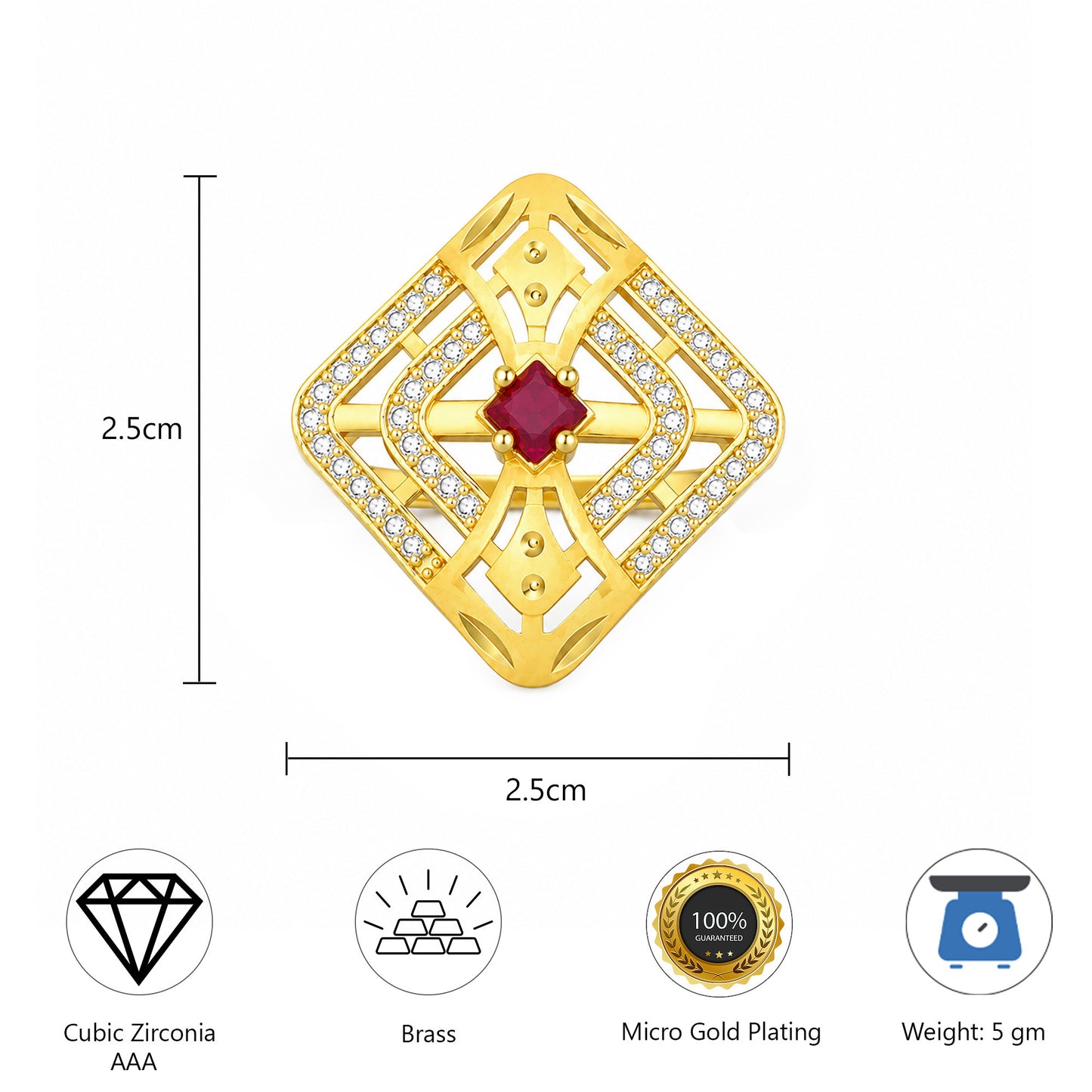 Gold Plated Anti Tarnish Red AD Finger Ring for Women