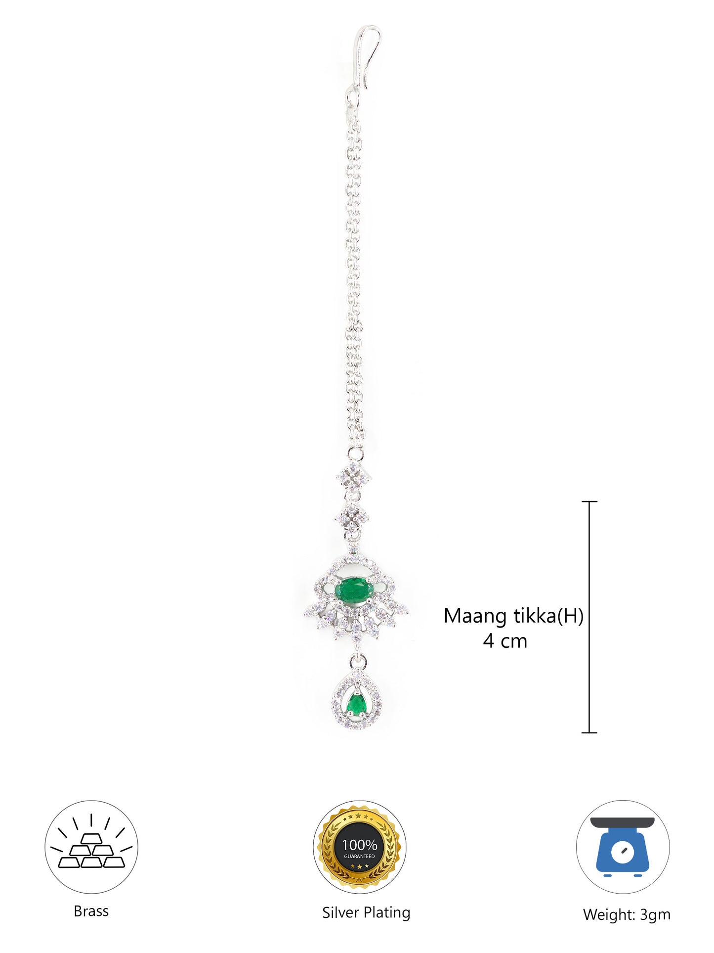 Silver Plated Green AD Drop Maang Tikka for Women