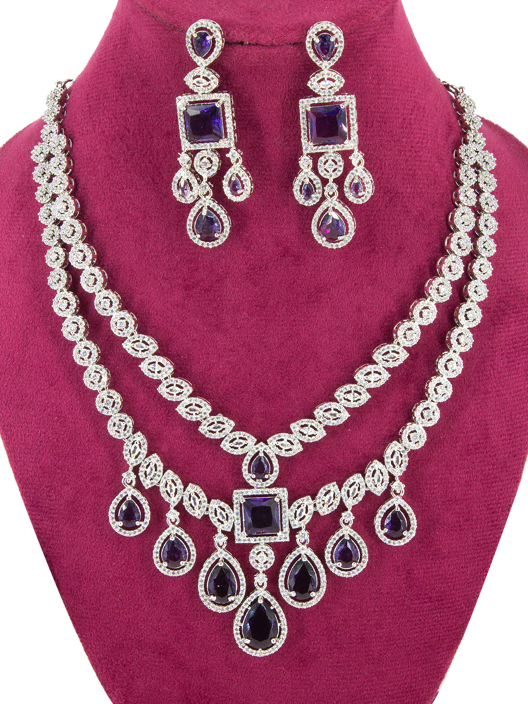 American Diamond Purple 2 Layer Designer Jewellery Set For Women And Girls