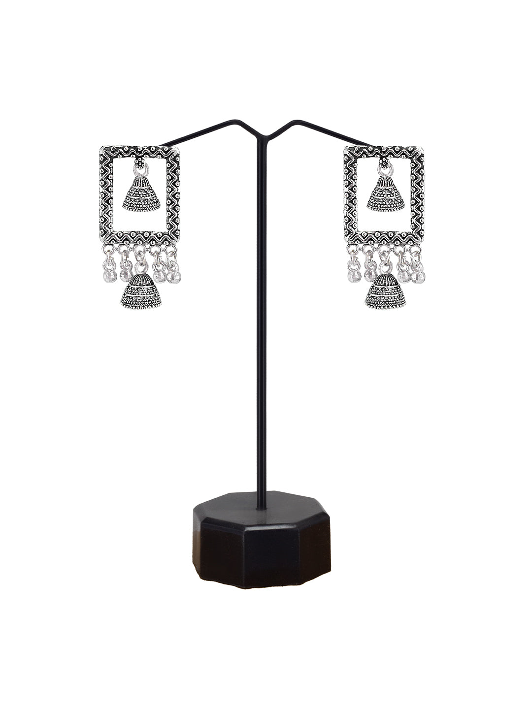 Silver Oxidized Square Boho Style Jhumki Earrings