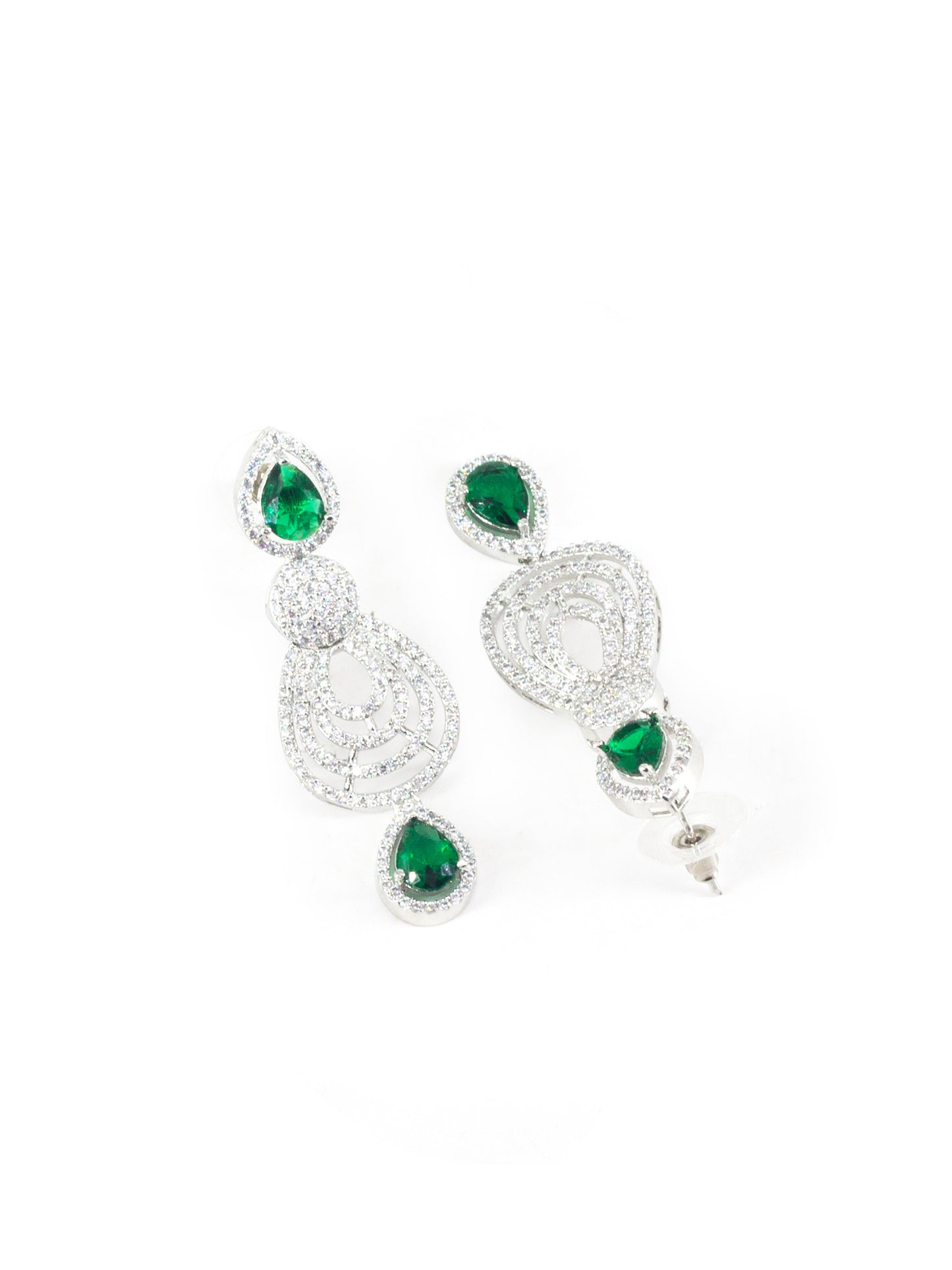 Rhodium Plated Green & White AD Jewellery Set