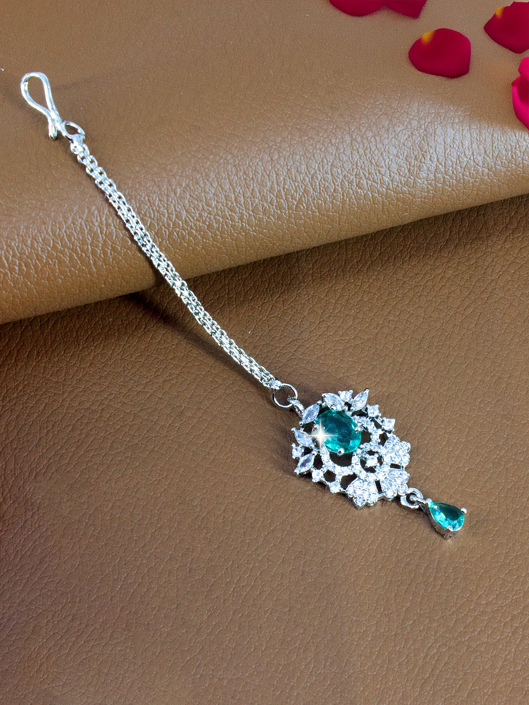 Silver Plated AD Mint Green Floral Drop Maang Tikka