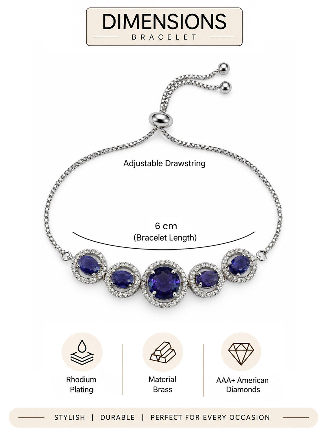 Rhodium Plated Purple AD Adjustable Bracelet for Women