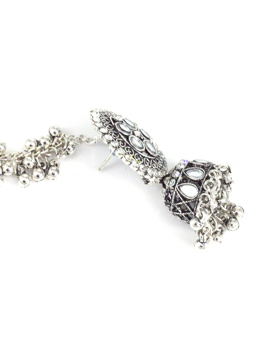 Silver-Oxidised Floral Mirror-Studded Jhumka Earrings With Hair Chain