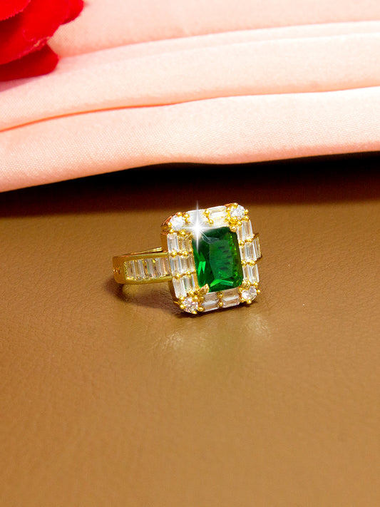 Premium Green Stone AD Ring – Gold Plated | Square-Cut Designer Ring for Women