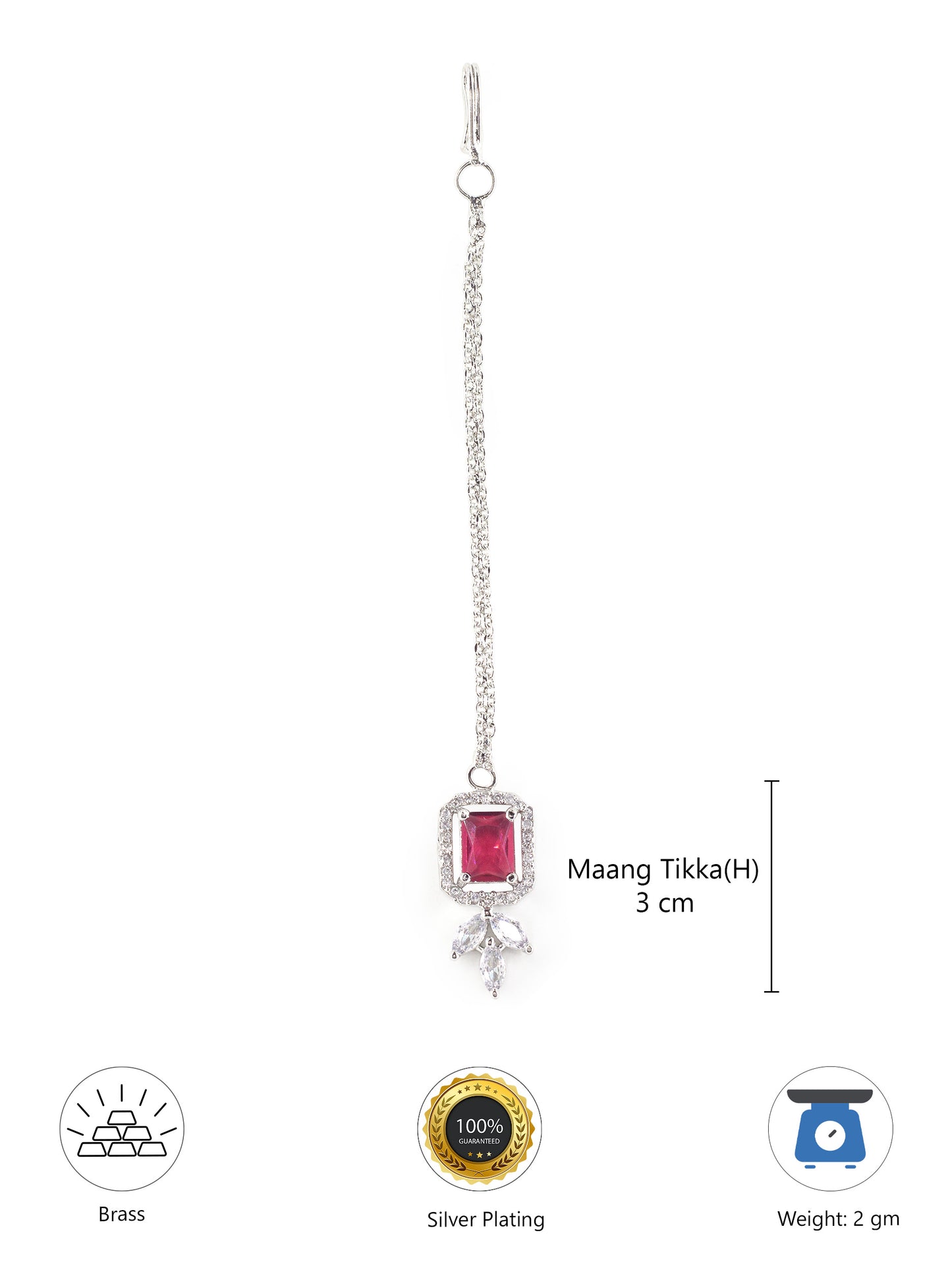Rhodium Plated Red AD Maang Tikka for Women