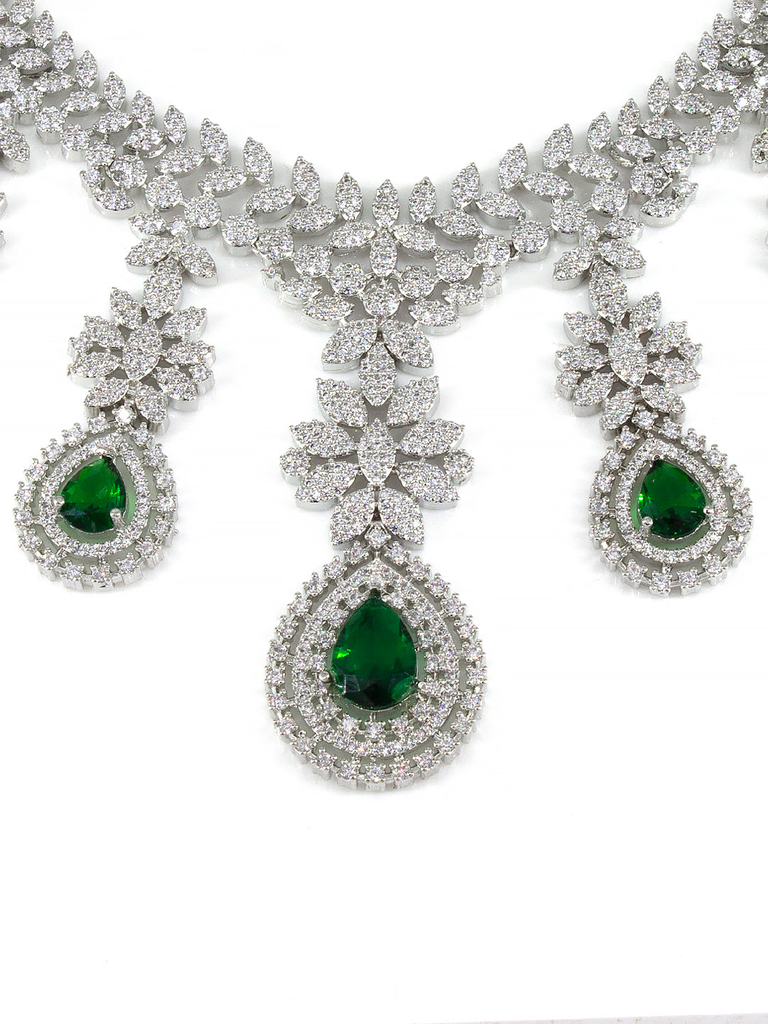 Rhodium-Plated Green Statement AD-Studded Bridal Jewellery Set