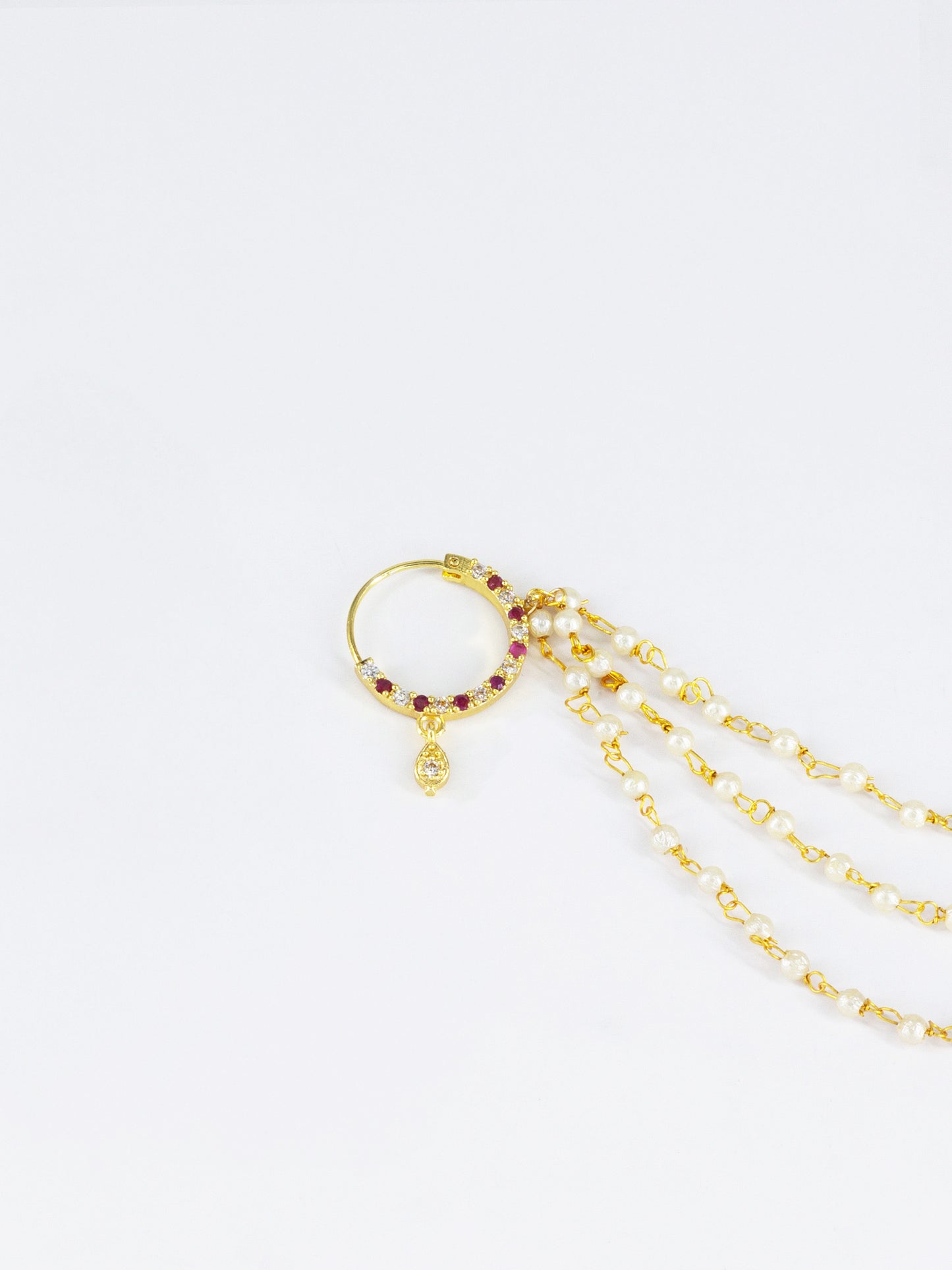 Gold Plated Red AD Nose Ring with 3 line Pearl Chain