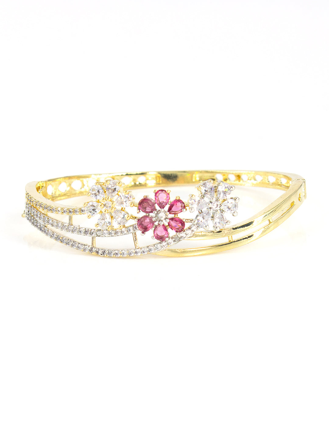 Gold Plated Ruby Floral Cuff Bracelet For Women
