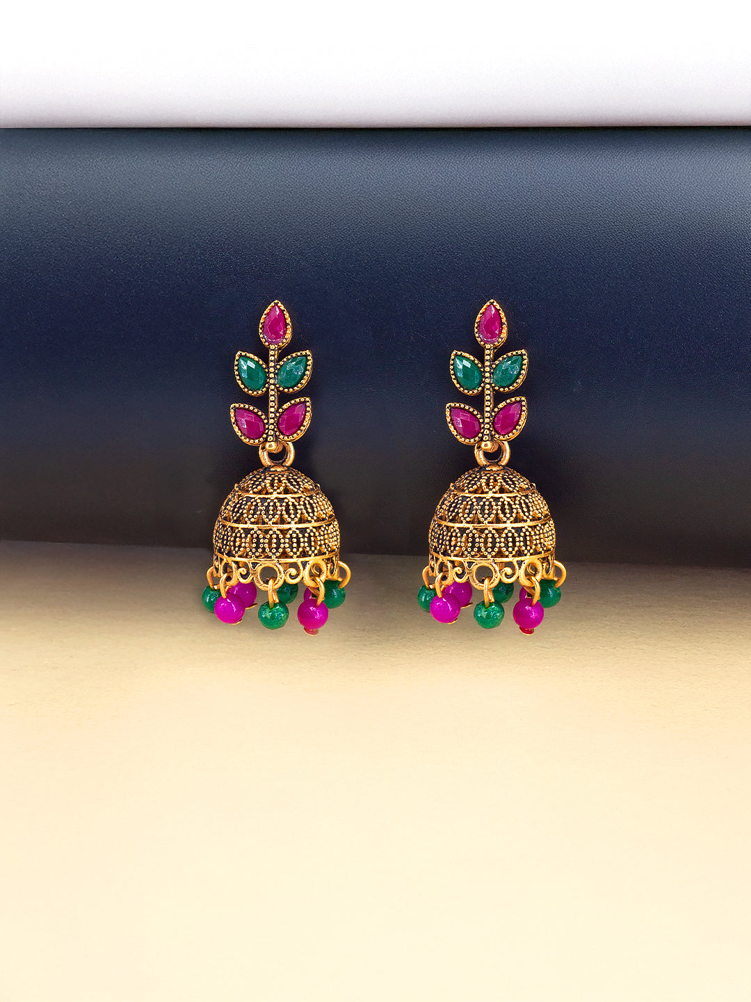 Antique Gold-Plated Leaf Artificial Stone & Beaded Jhumki Earrings