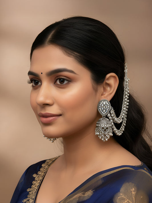 Silver Plated Classic Jhumka Earring with Ear Chain