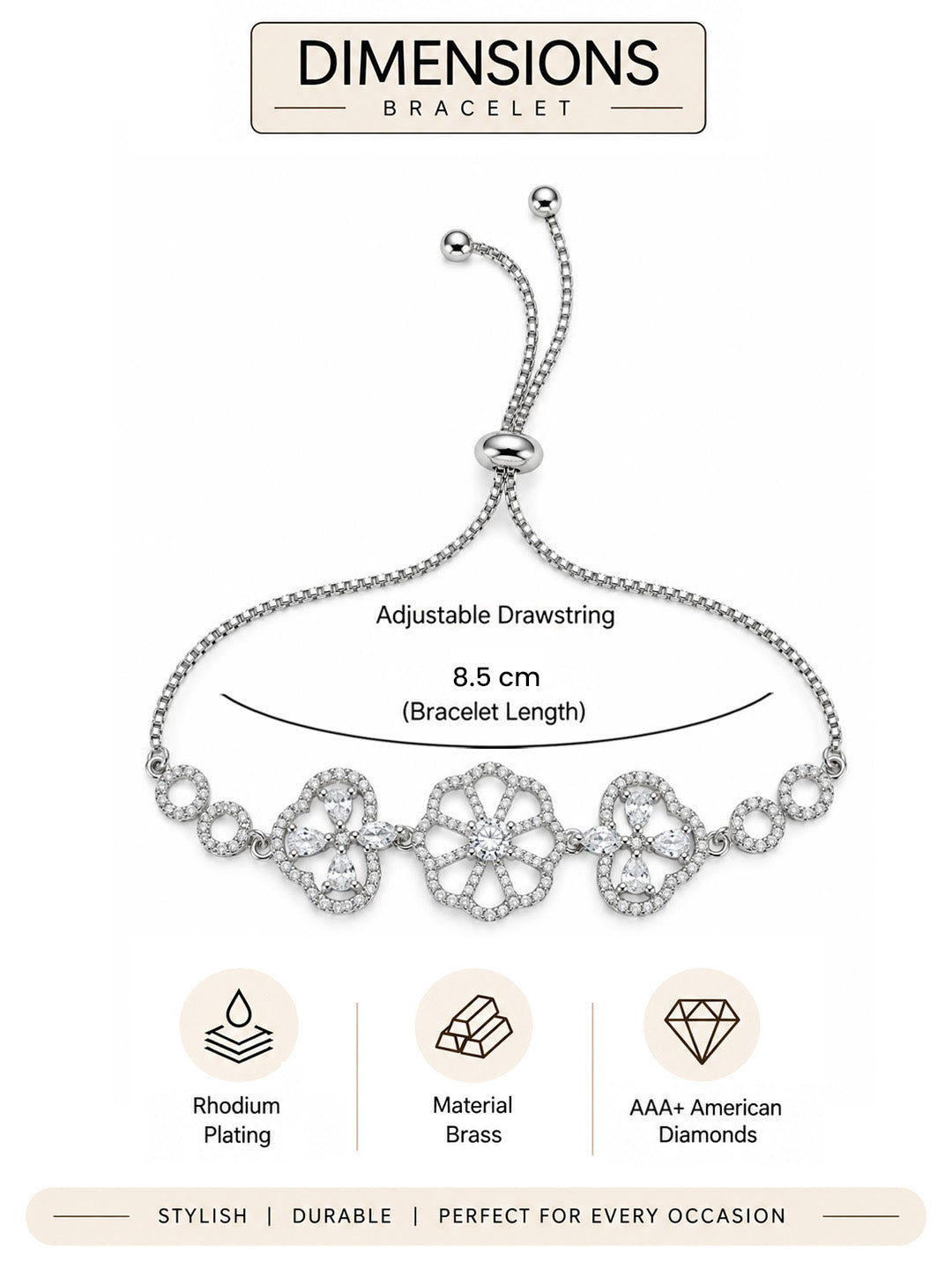 Rhodium Plated AD Adjustable Bracelet for Women