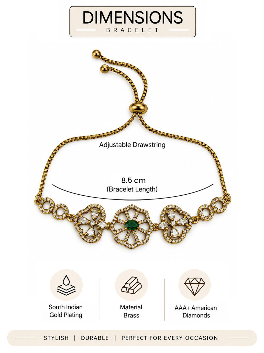 South Indian Gold Plated Green AD Adjustable Bracelet for Women