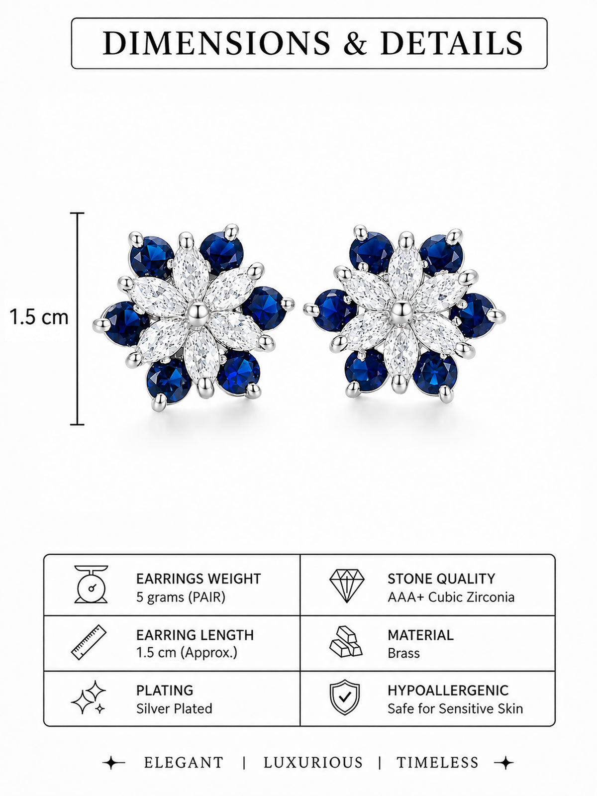 Silver Plated Blue Floral Stud Earrings for Women