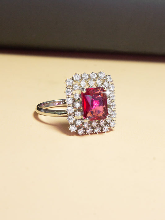 Silver Pink Stone AD Ring – Rectangle-Cut with Heavy Halo Design