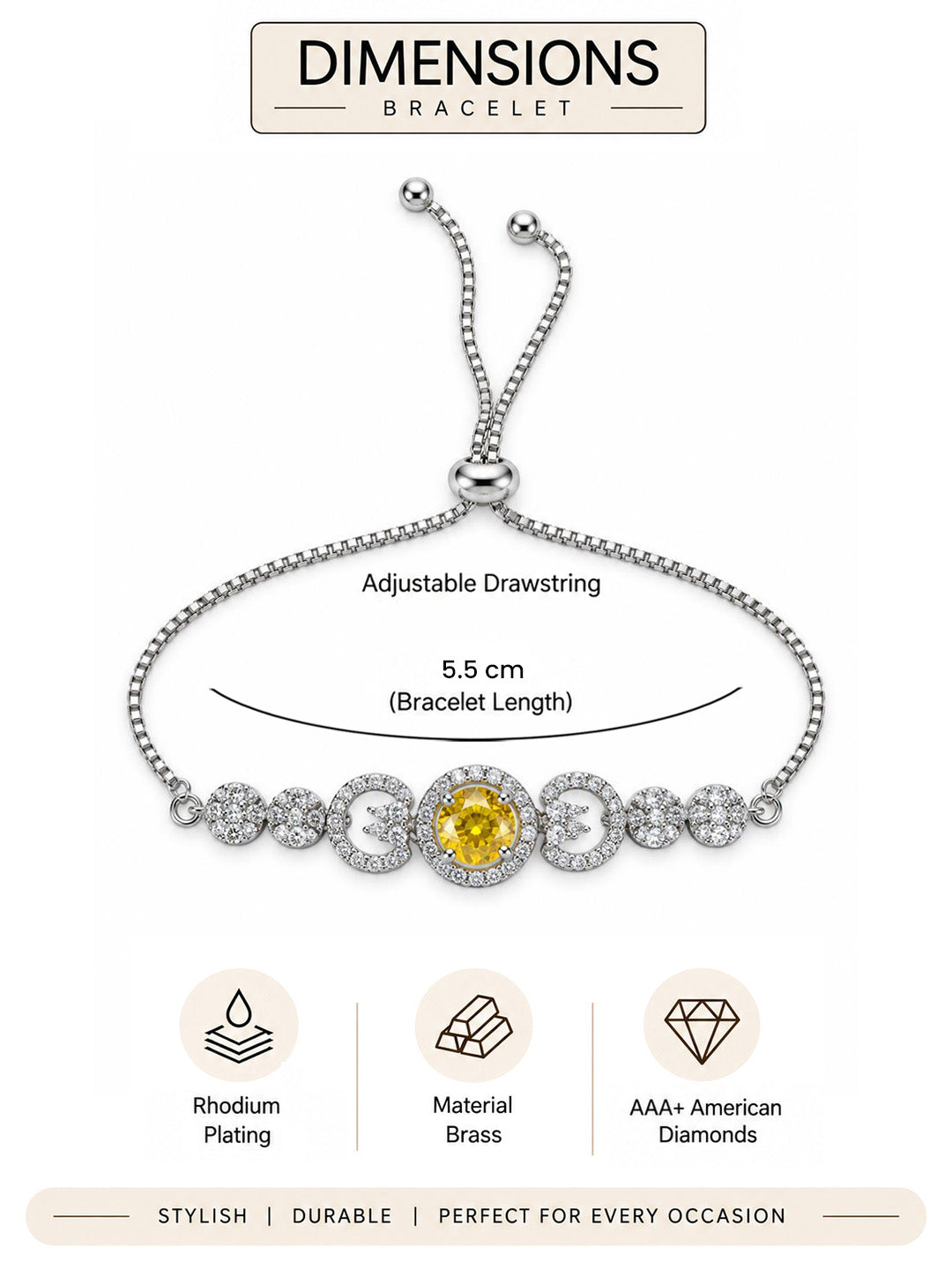 Rhodium Plated Yellow AD Adjustable Bracelet for Women