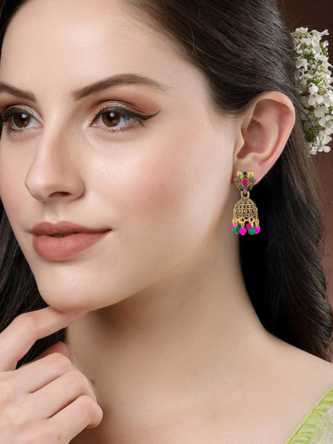 Antique Gold-Plated Peacock Artificial Stone & Beaded Jhumki Earrings