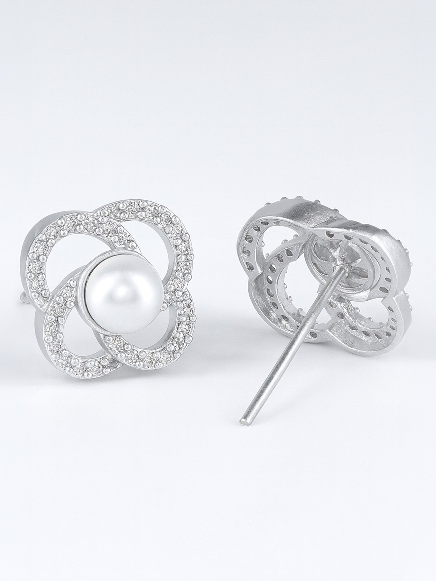 Silver Plated AD Floral Design Stud Earrings for Women
