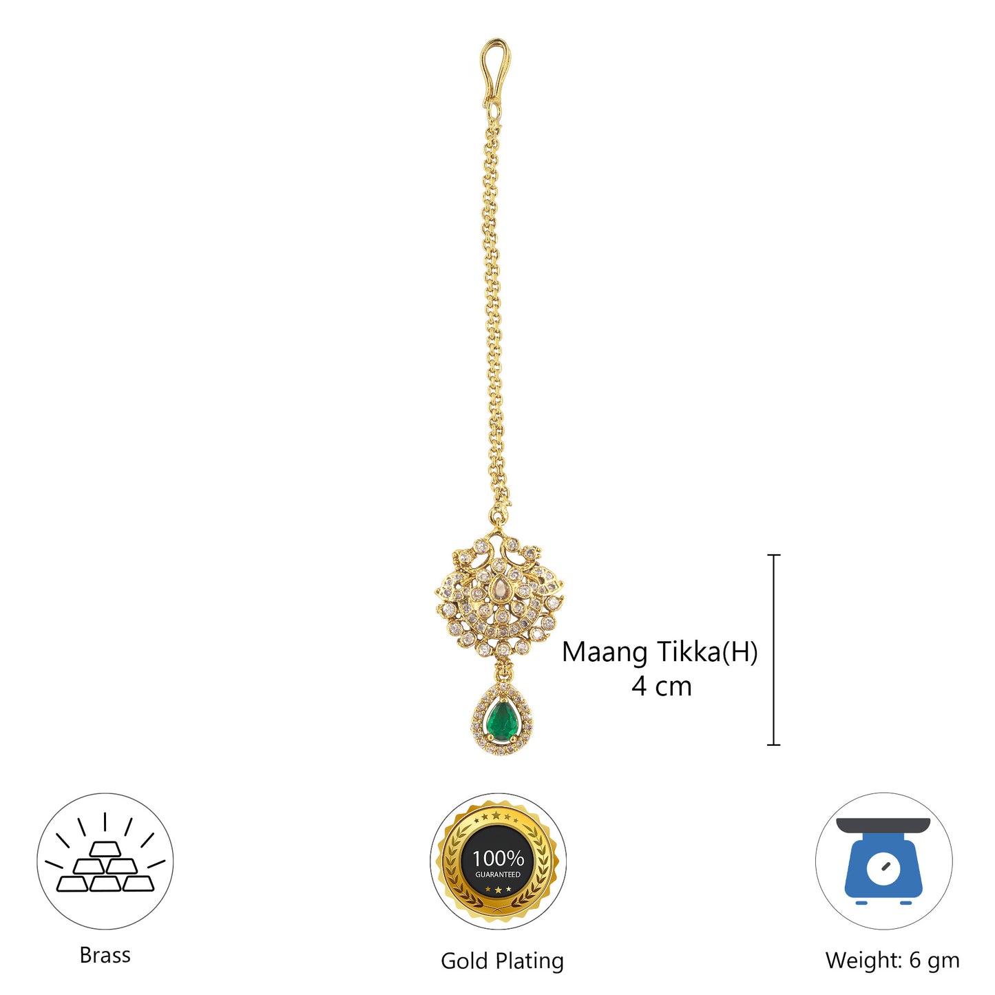 Gold Plated Green AD Maang Tikka for Women