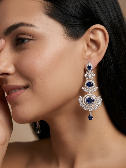 Silver Plated Blue AD Long Earrings for Women