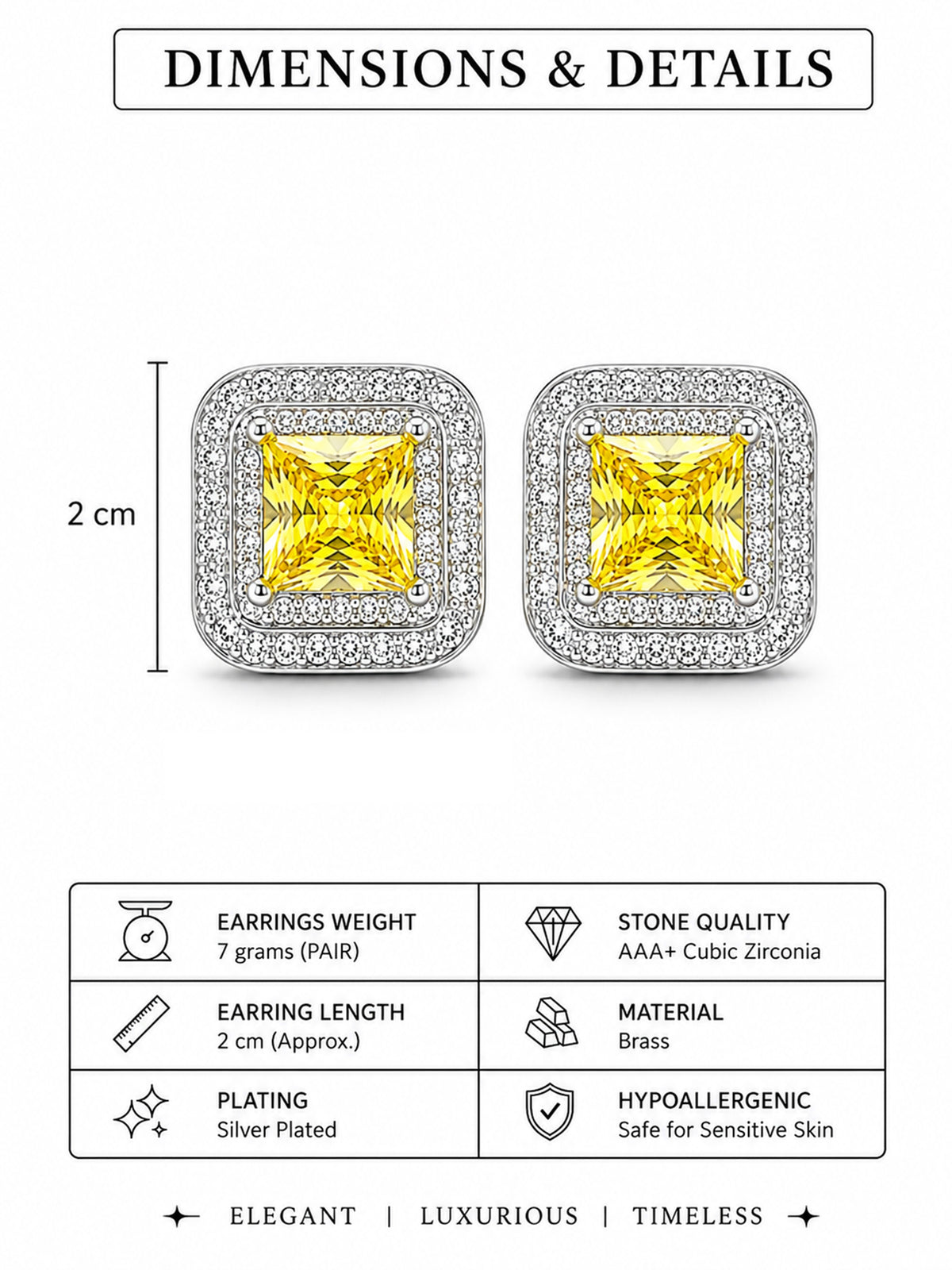 Silver Plated Yellow AD Stud Earrings for Women