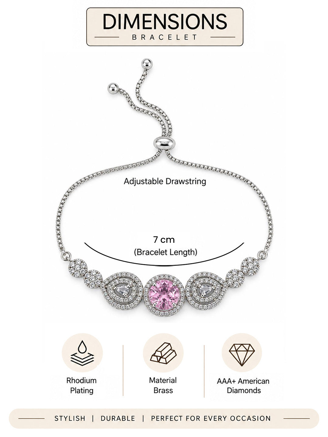 Rhodium Plated Pink AD Adjustable Bracelet for Women