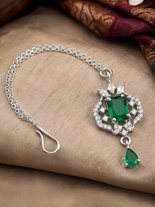 Silver Plated Green AD Maang Tikka for Women