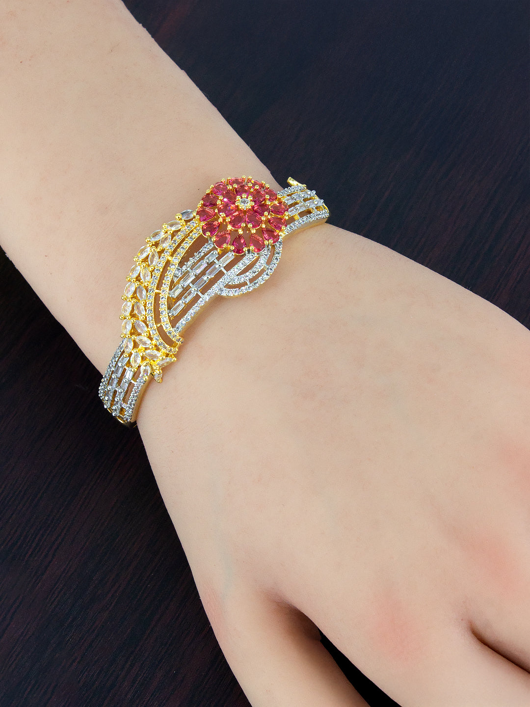 Gold Plated Ruby Floral Cuff Bracelet For Women
