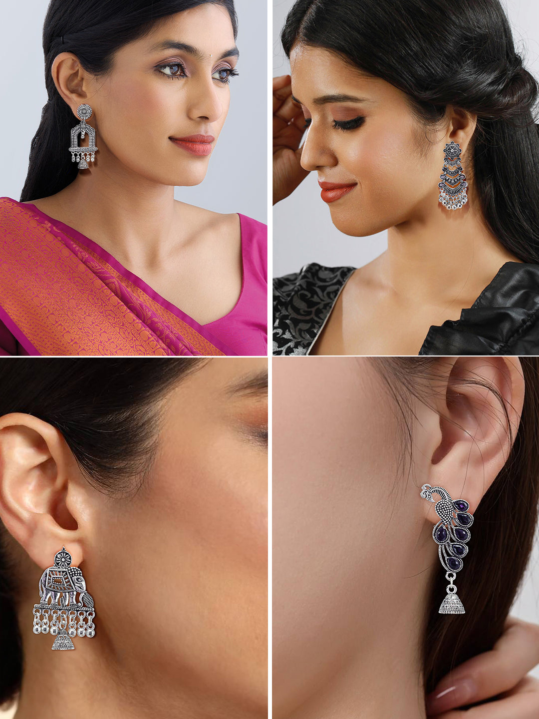 Set of 4 Floral, Peacock & Elephant Jhumki Earrings